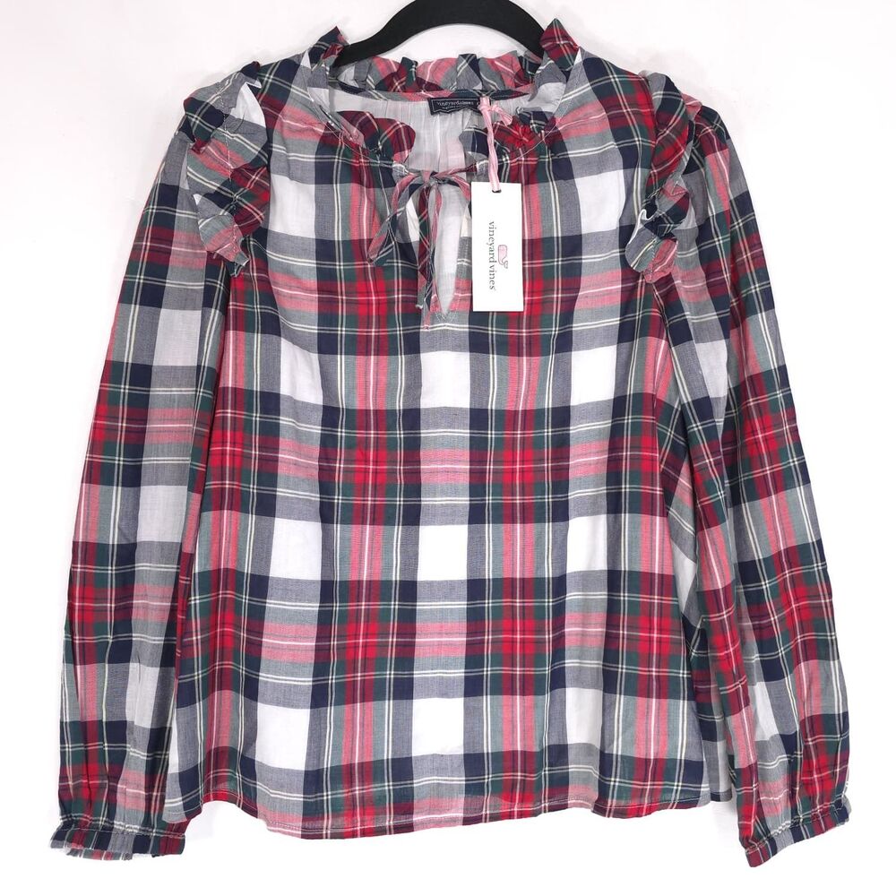 VINEYARD‎ VINES Womens New Top Blouse XXS Cotton Plaid Ruffle 2W001904-F367